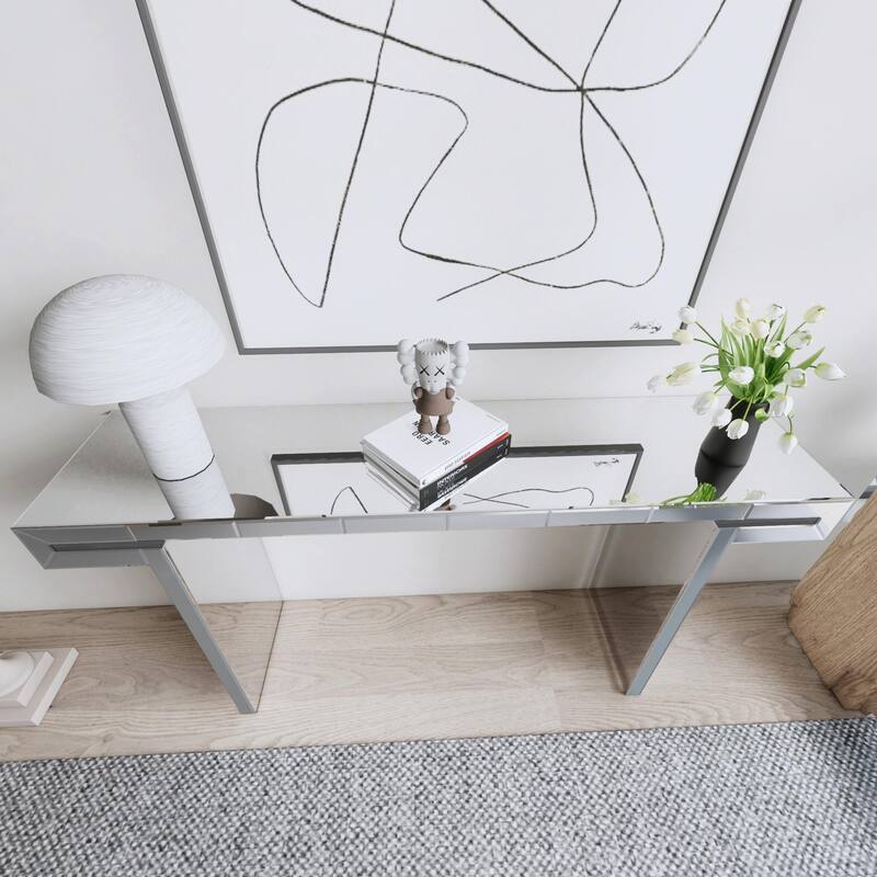 60-Inch Luxury Full-Length Mirror Console Table with Fluted Tempered Glass