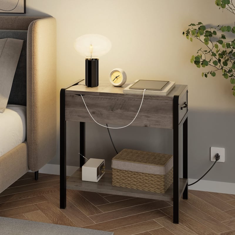 End Table with Charging Station, Narrow Side Table with Drawer and Storage End Table