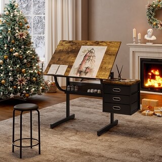 Stylish black adjustable drafting table with comfortable stool and three spacious drawers