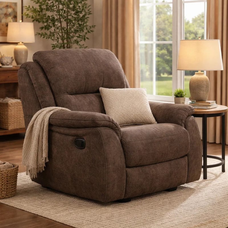 Heny Manual Glider Recliner Chair, Plush Dark Brown Pillow Top Arms