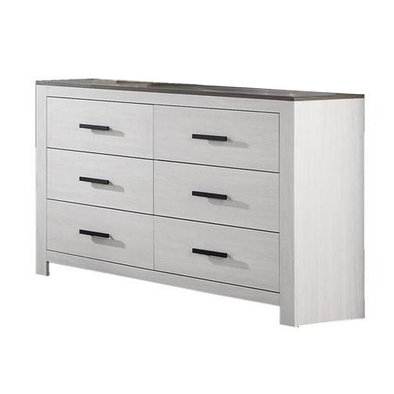 Kopa 58 Inch Wide Dresser with 6 Drawers, Black Handles, White Wood Finish