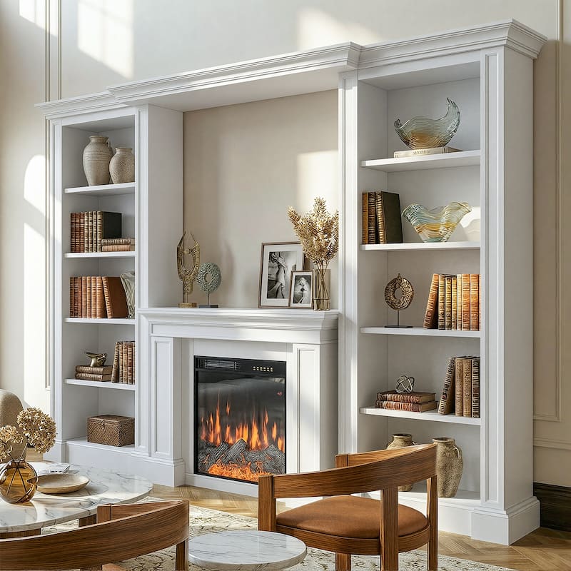 Electric Fireplace Mantel with Bookshelves, 115.5" Entertainment Center with Built-in Shelving