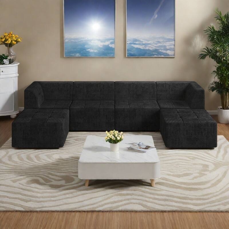 130.32" 6-Seat U-Shaped Modular Sectional Sofa with Sleeper Function, Corduroy Upholstery and No Assembly Required - Black