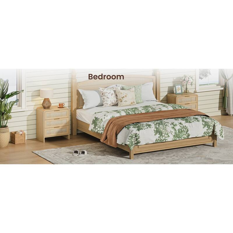 22.8" Rattan Nightstand with 3 Drawers, Curved Wooden Bedside Table with Modern Boho Design