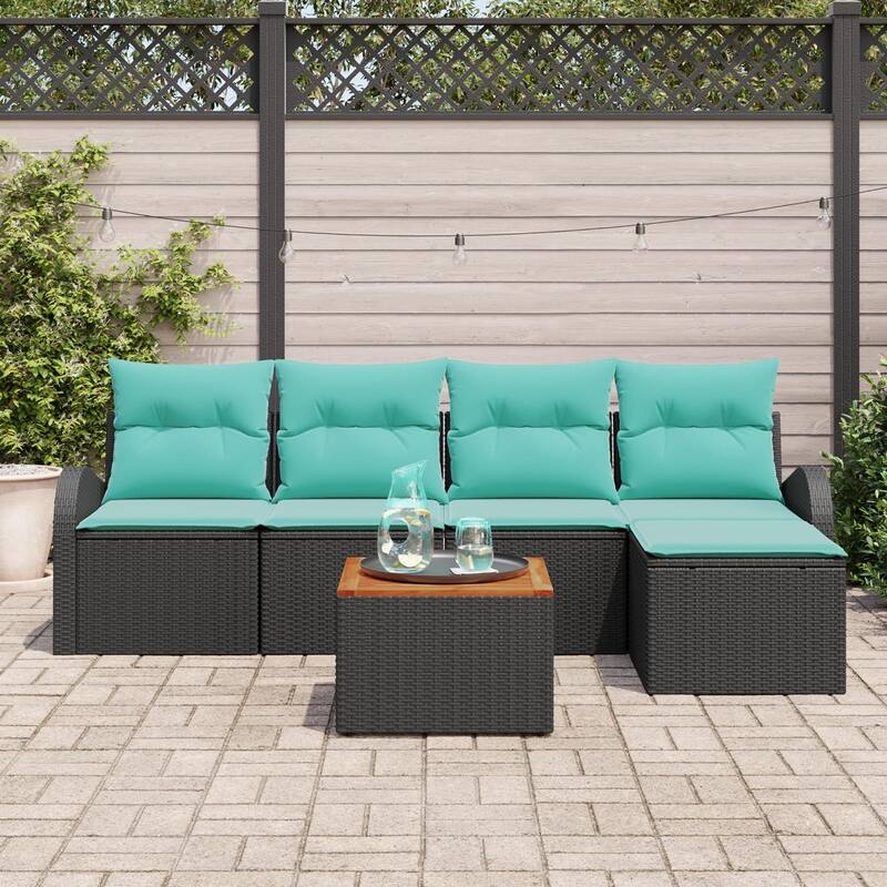 vidaXL 6 Garden Sofa Set with Cushions Black/Grey Poly Rattan - 92.1 x 24.4 x 27.2