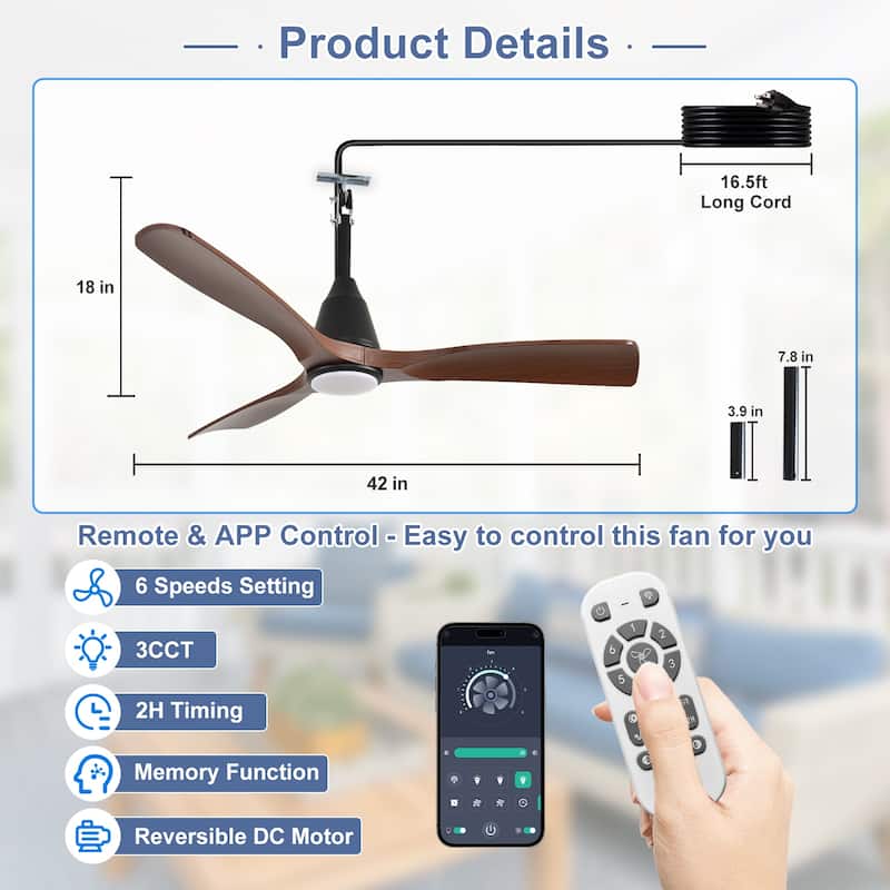 Outdoor Ceiling Fan with Light: Plug-in Hanging Fan, Remote App Control, 3CCT, 6-Speed