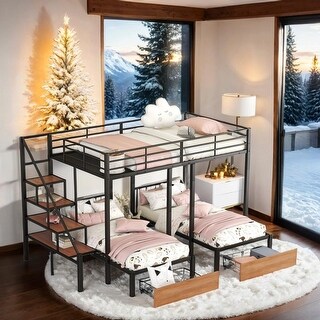 Full over Twin-Twin Triple Bunk Bed with Drawers and Staircase, Black