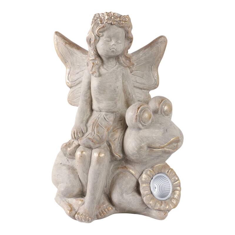 Resin Garden Statuary Fairy Sculpture Glass Orb on Tree Stump - 10" x 9" x 15"