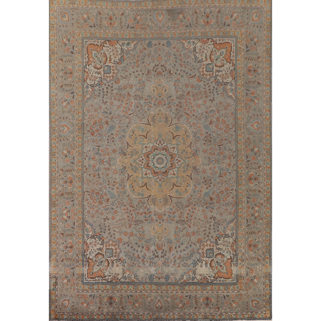 Grey Distressed Tabriz Persian Vintage Area Rug Handmade Wool Carpet - 9'11" x 12'9"