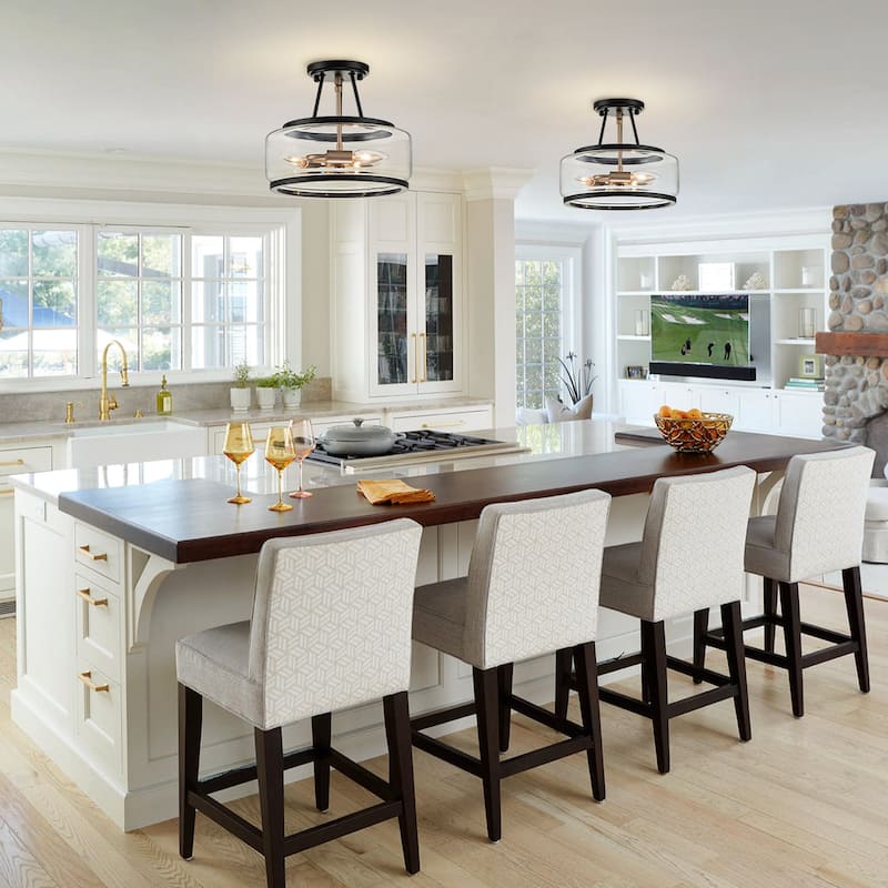 3-Light Industrial-style Black Lantern Glass Semi Flush Mount