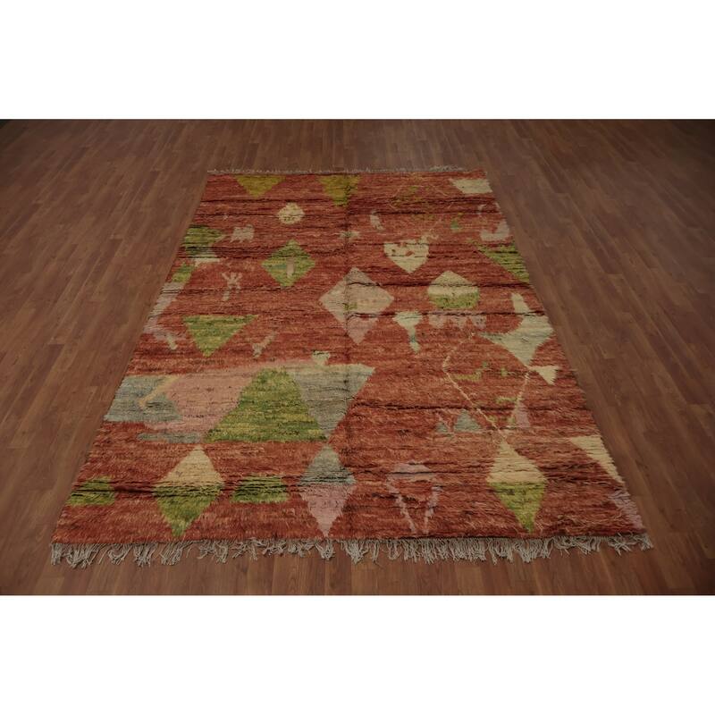 Hand Knotted Oriental 100% Wool Carpet Modern Tribal Oranges & Rust Moroccan Area Rug - 9' 11'' X 6' 5''