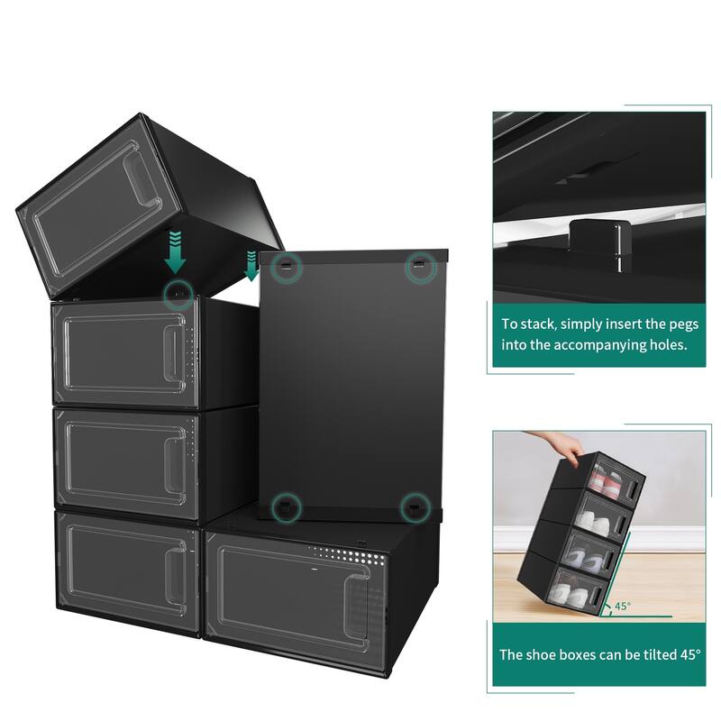 6/12/18 Pack Shoe Storage Box Plastic Stackable Shoe Organizer for Closet Foldable Sneaker Containers Bins Holders Racks