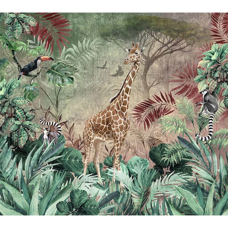 Enchanting Safari Wallpaper Mural Giraffe and Lemurs - Purple - W:122" x H:110"