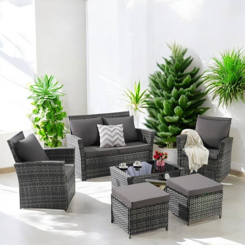 6-Piece Wicker Patio Furniture Set with Cushions & Coffee Table & Ottomans, Sofa for Outdoor Garden, Patio, or Balcony