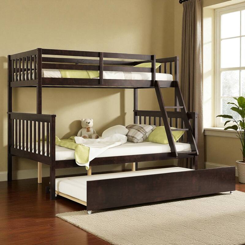 Twin Over Full Rubber Wood Bunk Bed with Twin Trundle, Convertible Ladder, Detachable Design, and Safety Guardrails