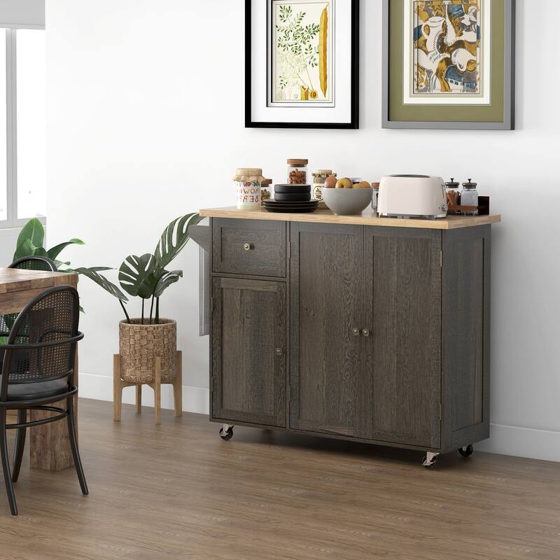 Triple-Cabinet Rolling Kitchen Island On Wheels(no include stool)