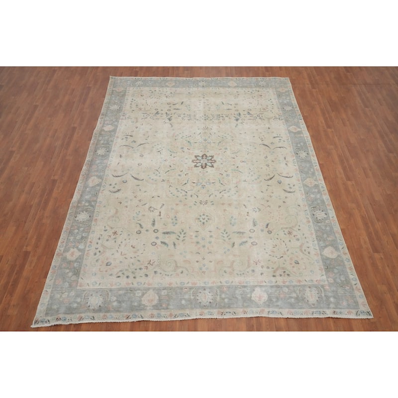 Hand Knotted Oriental 100% Wool Carpet Traditional Floral Beige & Ivories Tabriz Area Rug - 13' 0'' X 9' 6''