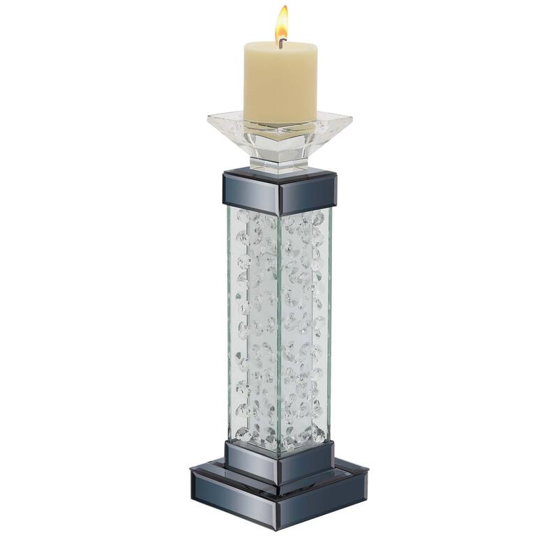 Glass Pillar Candle Holder with Floating Crystals - Silver - Roche River Decor - 5"W, 15"H