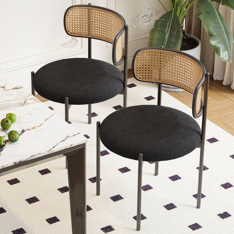Mid-Century Modern Dining Chairs Upholstered Dining Chairs with Rattan Backs and Metal Legs, for Dining Rooms, 2-Piece Set