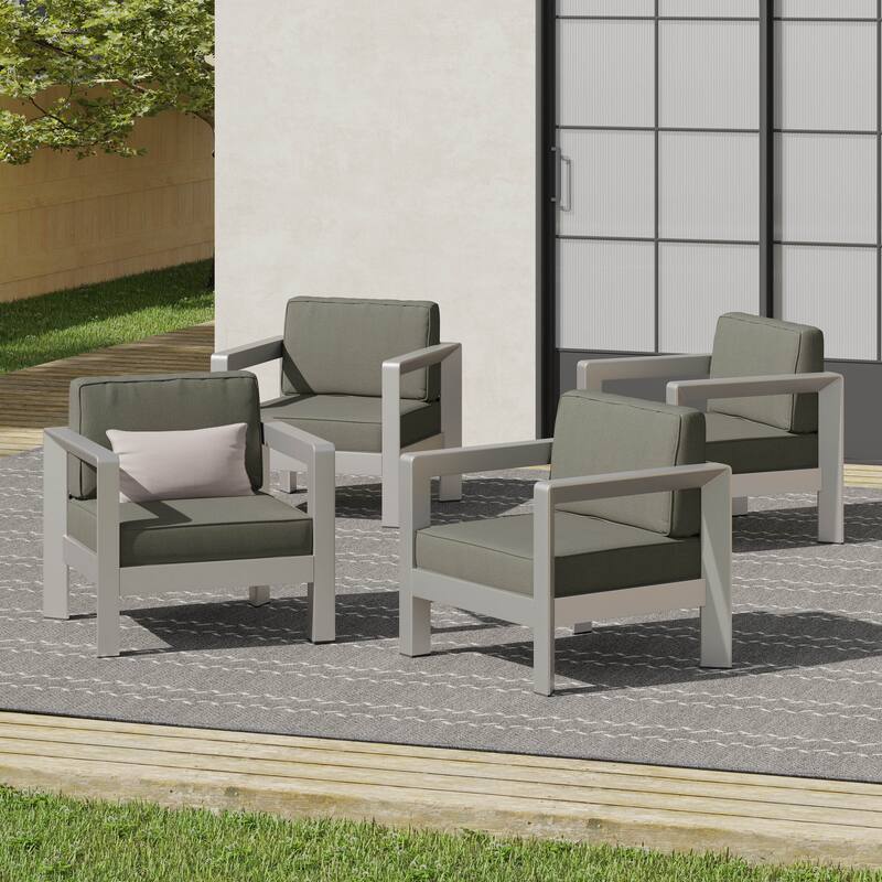 Aviara Outdoor Aluminum Club Chairs (Set of 4) by Christopher Knight Home - sliver + Grey cushion