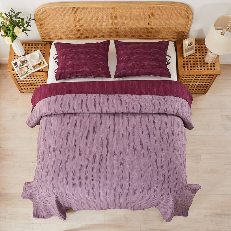 Melange Hand Stitched Kantha Violet Reversible Coverlet and Shams
