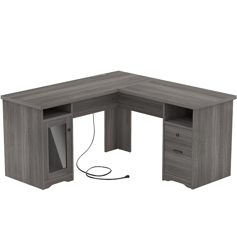 Modern Farmhouse L-Shape Desk with File Cabinet and Drawers, Homer Office Executive Desk with Charge Station