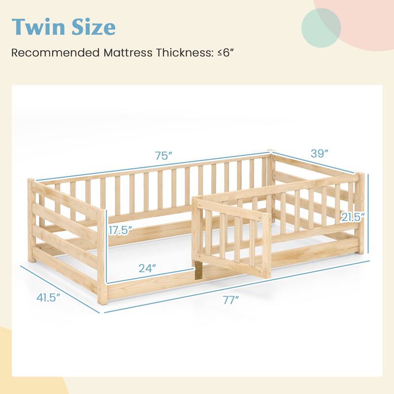 Gymax Twin Size Floor Bed w/High Fence & Door Safety Guardrails Wood