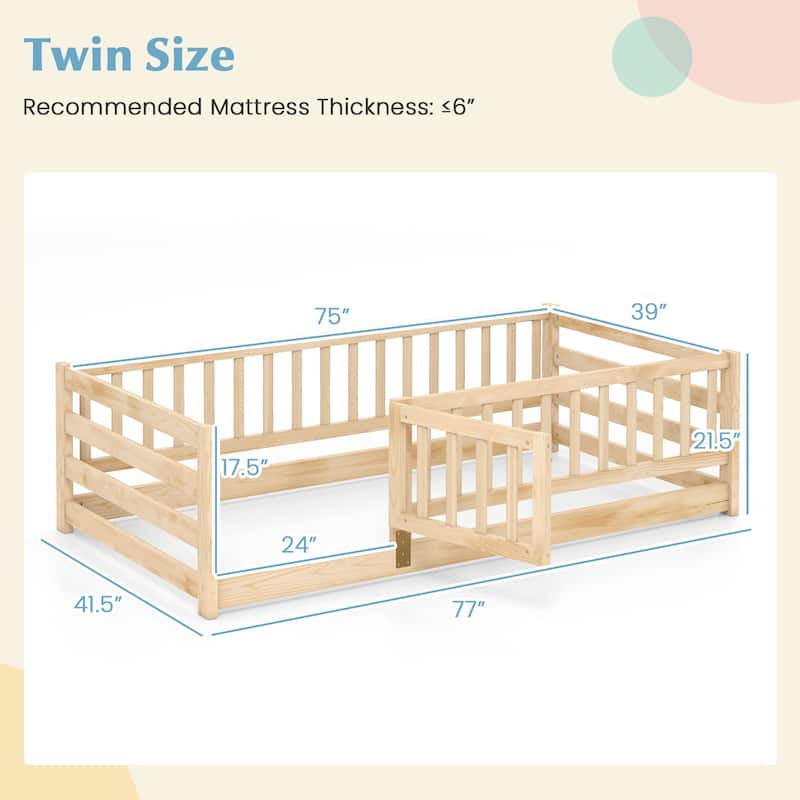 Montessori Solid Pine Wood Frame Twin Floor Bed with Safety Fence and Lockable Door No Slats