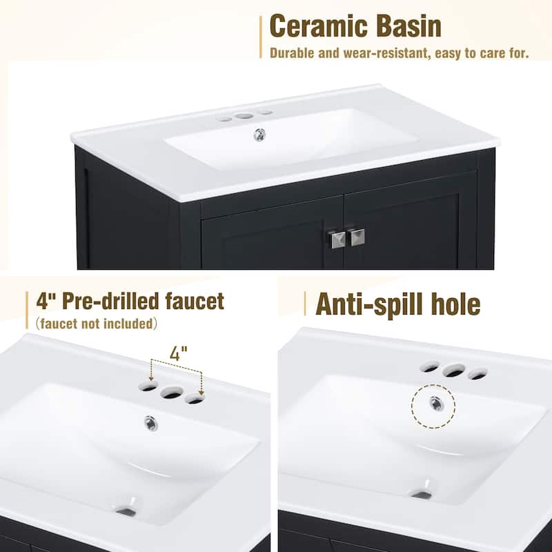 60 Inch Bathroom Vanity with Double Ceramic Sinks, 4 Doors, 2 Drawers, and Divided Storage - Freestanding Design