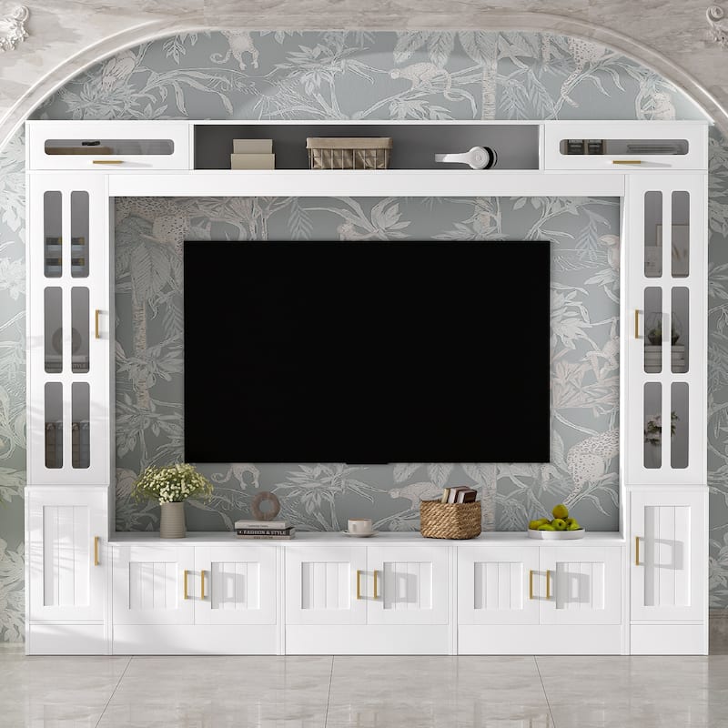 80 inch TV Stand, 8.4 ft Wall Unit Entertainment Center with Bookshelves & Glass Door Cabinets