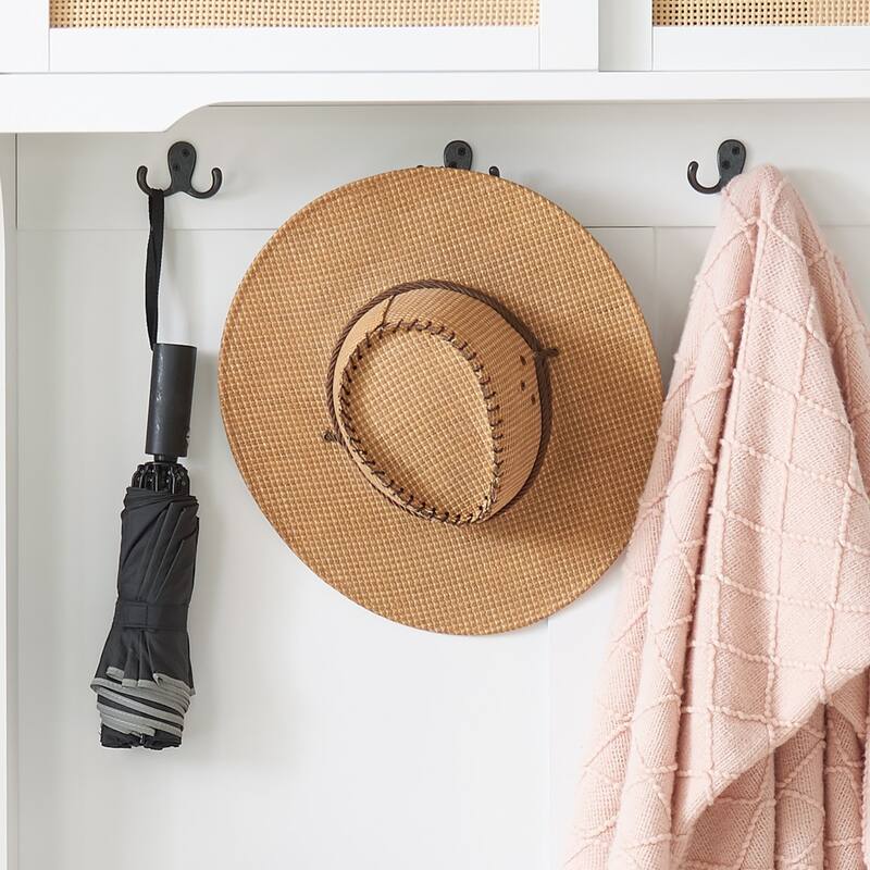 Modern Rattan Door Coat Rack Entryway Storage Bench with Shoe Storage Compartments and Open Shelves