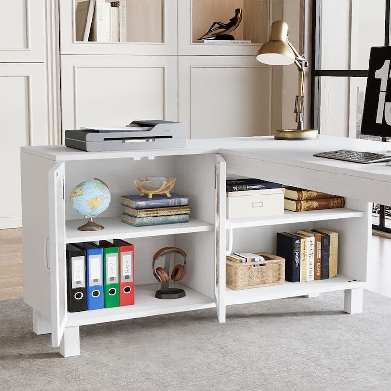L Shaped Executive Desk with File Cabinet and Shelves, Corner Desk for Home Office