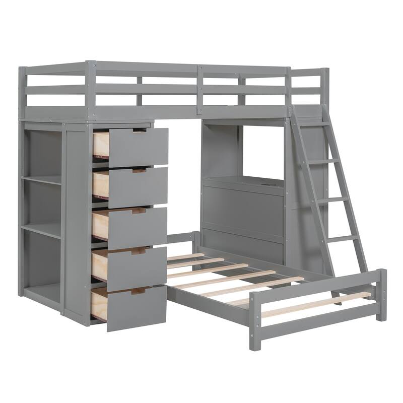 Twin Over Twin Solid Pine Bunk Bed with Drawers, Shelves, Desk with LED & USB Ports
