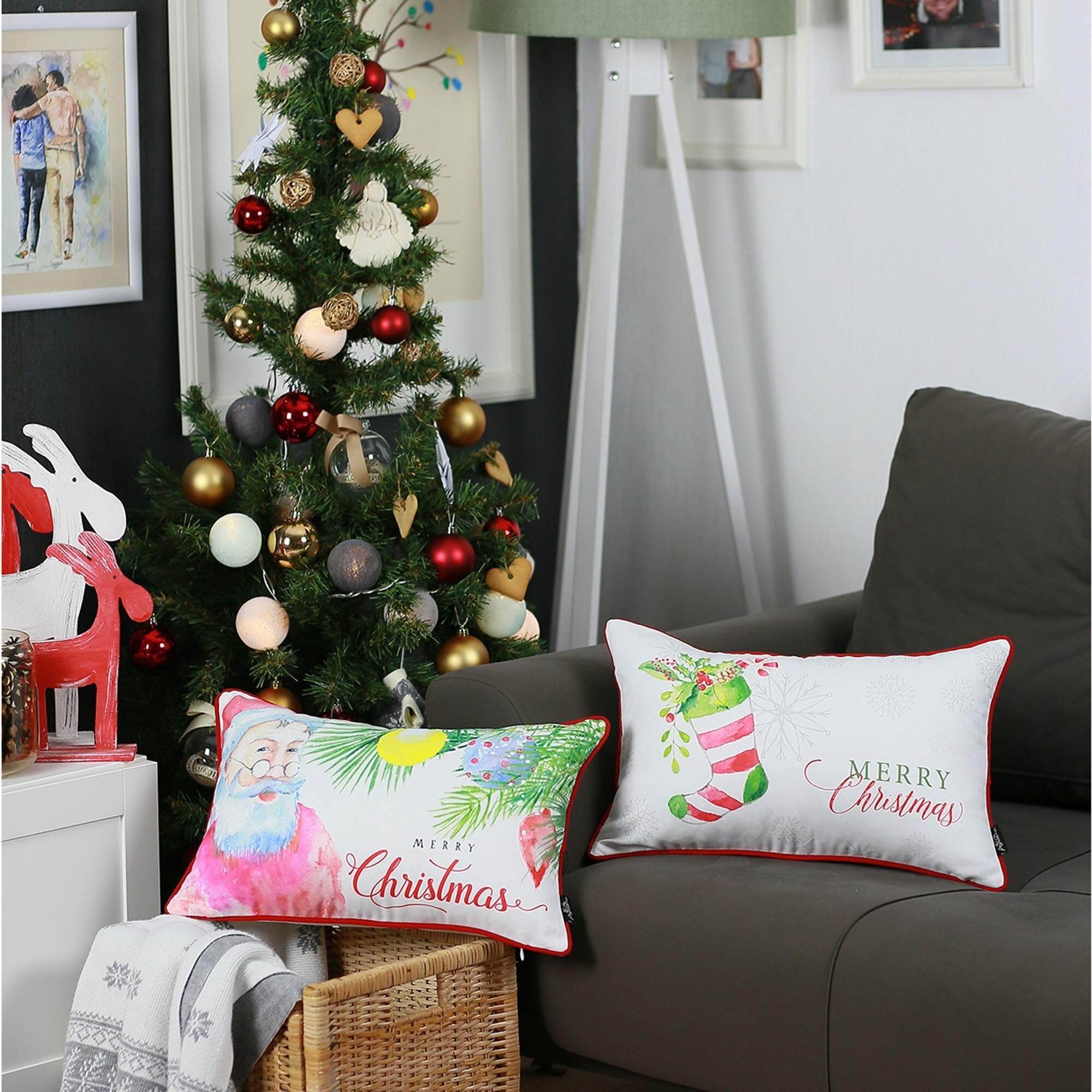 Christmas Themed Decorative Throw Pillow Lumbar White Red Set of 2