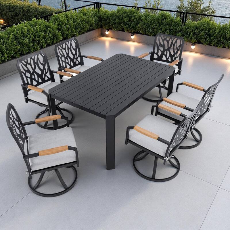 7-Piece Outdoor Patio Aluminum Dining Set with 59" Rectangular Table, 6 Swivel Rocker Chairs, and Umbrella Hole - Bourbon Brown