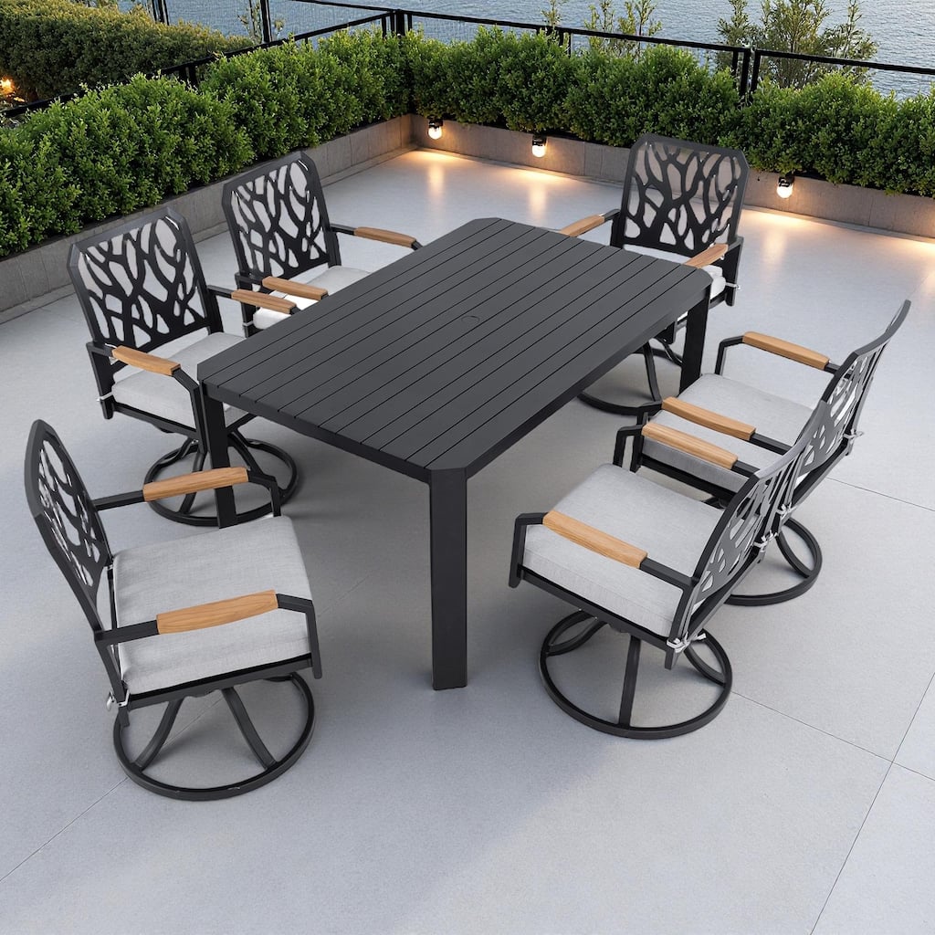 7-Piece Outdoor Patio Aluminum Dining Set with 59" Rectangular Table, 6 Swivel Rocker Chairs, and Umbrella Hole