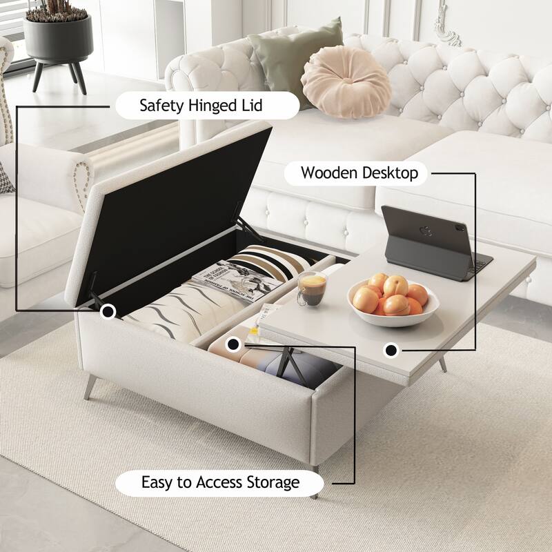 35 inch Wide Square storage benches Coffee Table with Lift Top Oversized Storage Ottoman in Upholstered for Living Room - Beige