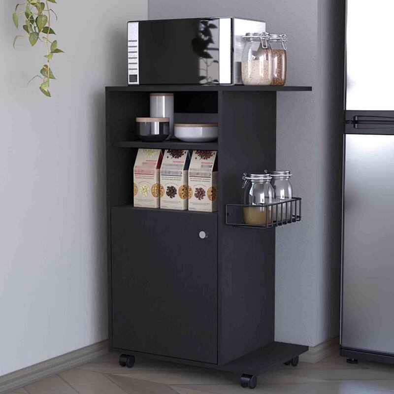 Black Kitchen Cart with One-Door Cabinet, 27.96" Microwave Countertop, Four Casters, Easy Setup - Black