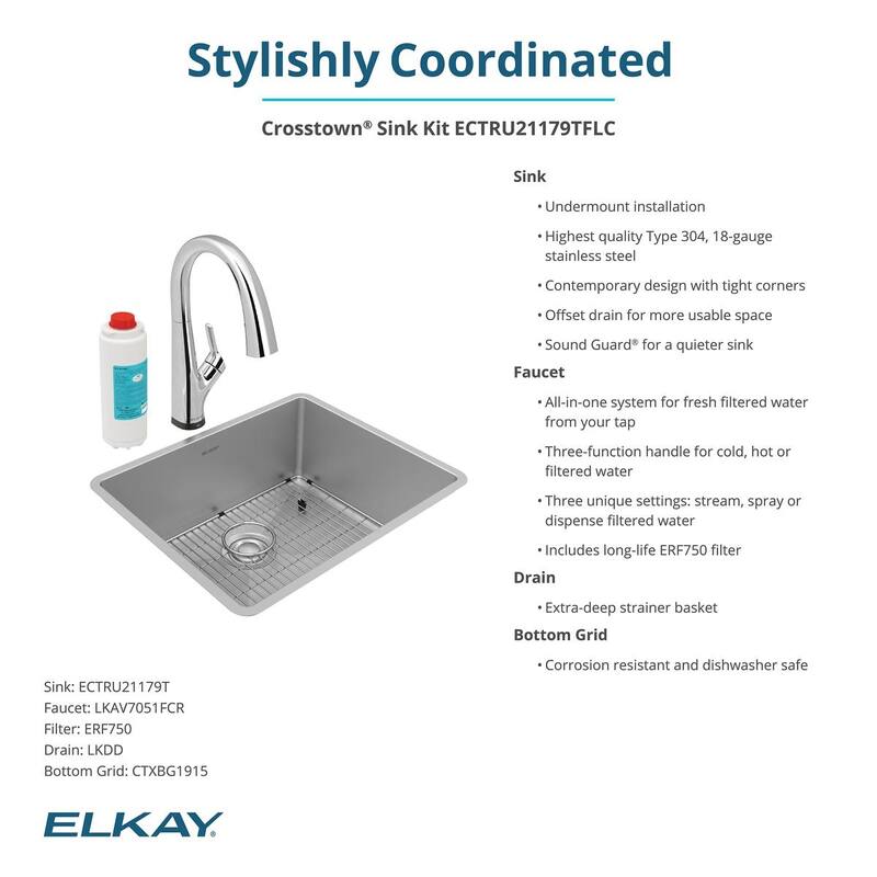 Elkay Crosstown 18 Gauge Stainless Steel 22-1/2" x 18-1/2" x 9", Single Bowl Undermount Sink Kit with Filtered Faucet