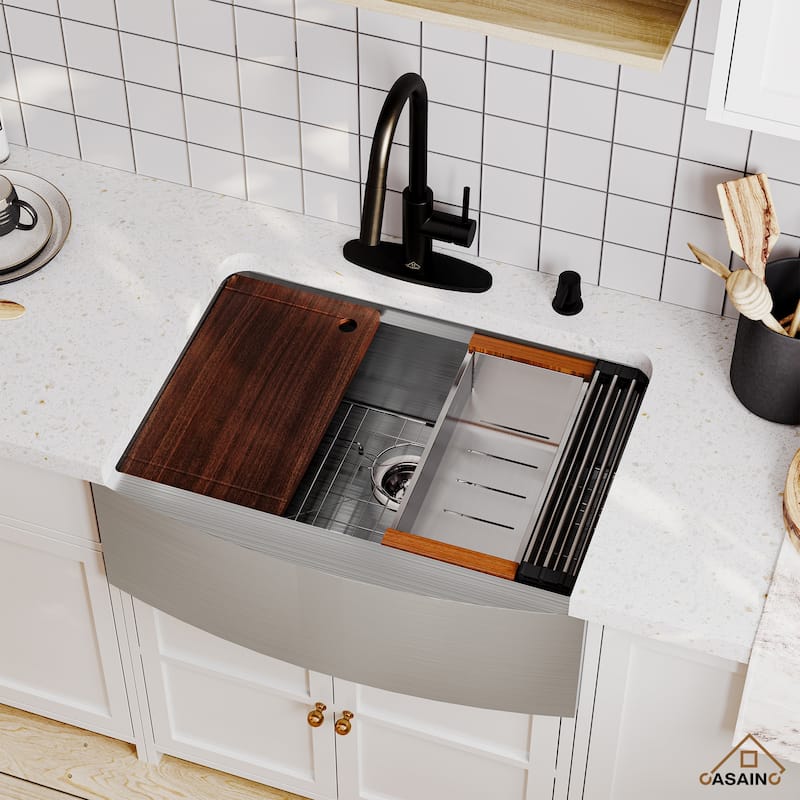 Stainless Steel Sink 16-Gauge Single Bowl Farmhouse Apron Workstation Kitchen Sink in Brushed with Accessories