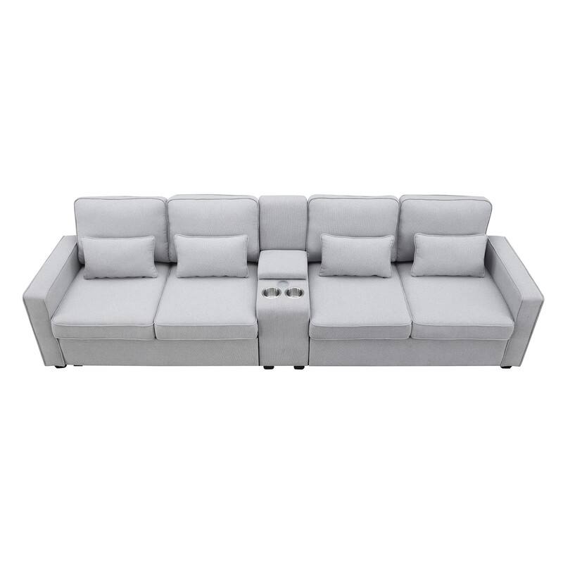 114.2" Upholstered with console, 2 cup holders and USB port (wired or wireless charging) with 4 pillows