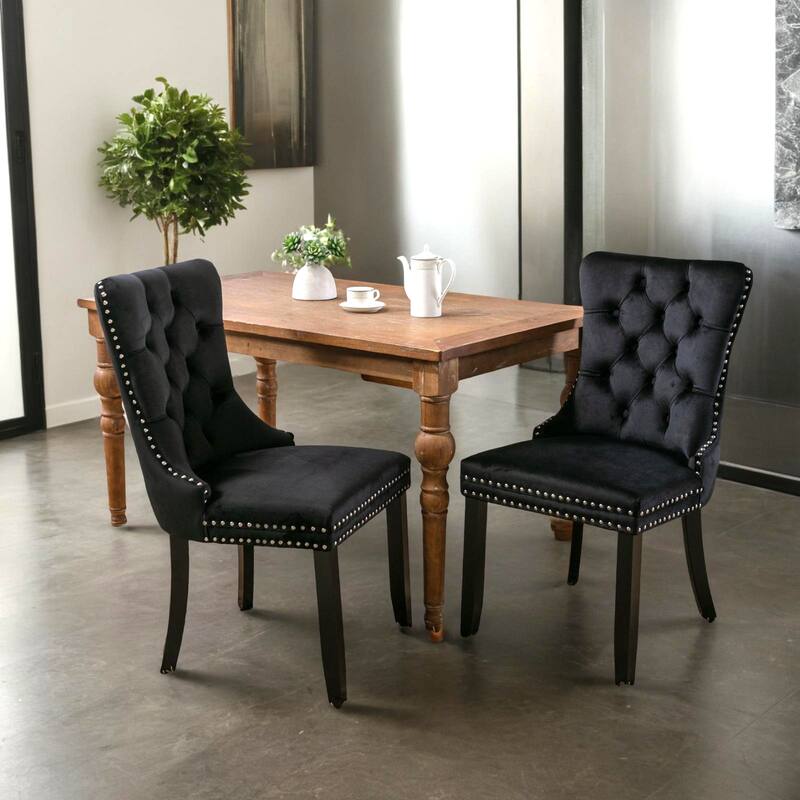 Modern, High-end Tufted Solid Wood Contemporary Velvet Upholstered Dining Chair with Wood Legs Nailhead Trim 2-Pcs Set - Black