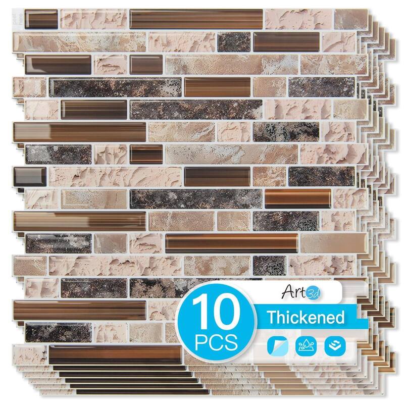 Art3d 10pcs Peel and Stick Backsplash Thickened Tiles, 12''x12'', Cover 10 Sq.Ft. - 11.8"x11.8" - Brown