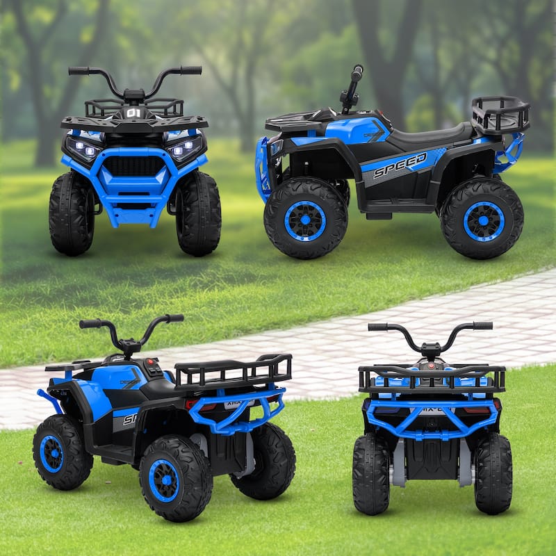 Qaba 12V Kids ATV, 4 Wheeler Quad, 3.7Mph Battery Powered Ride on Car with 4 Suspension Wheels, Storage Basket, LED Lights