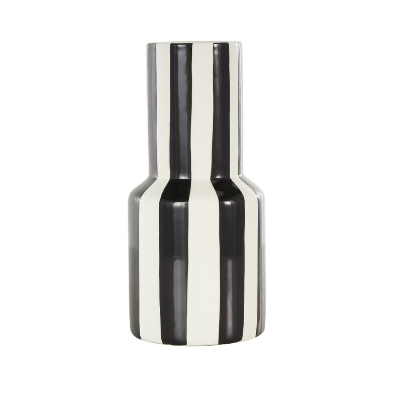 Ceramic Round Decorative Vase with Blue or Black Vertical Stripes - White - Roche River Decor