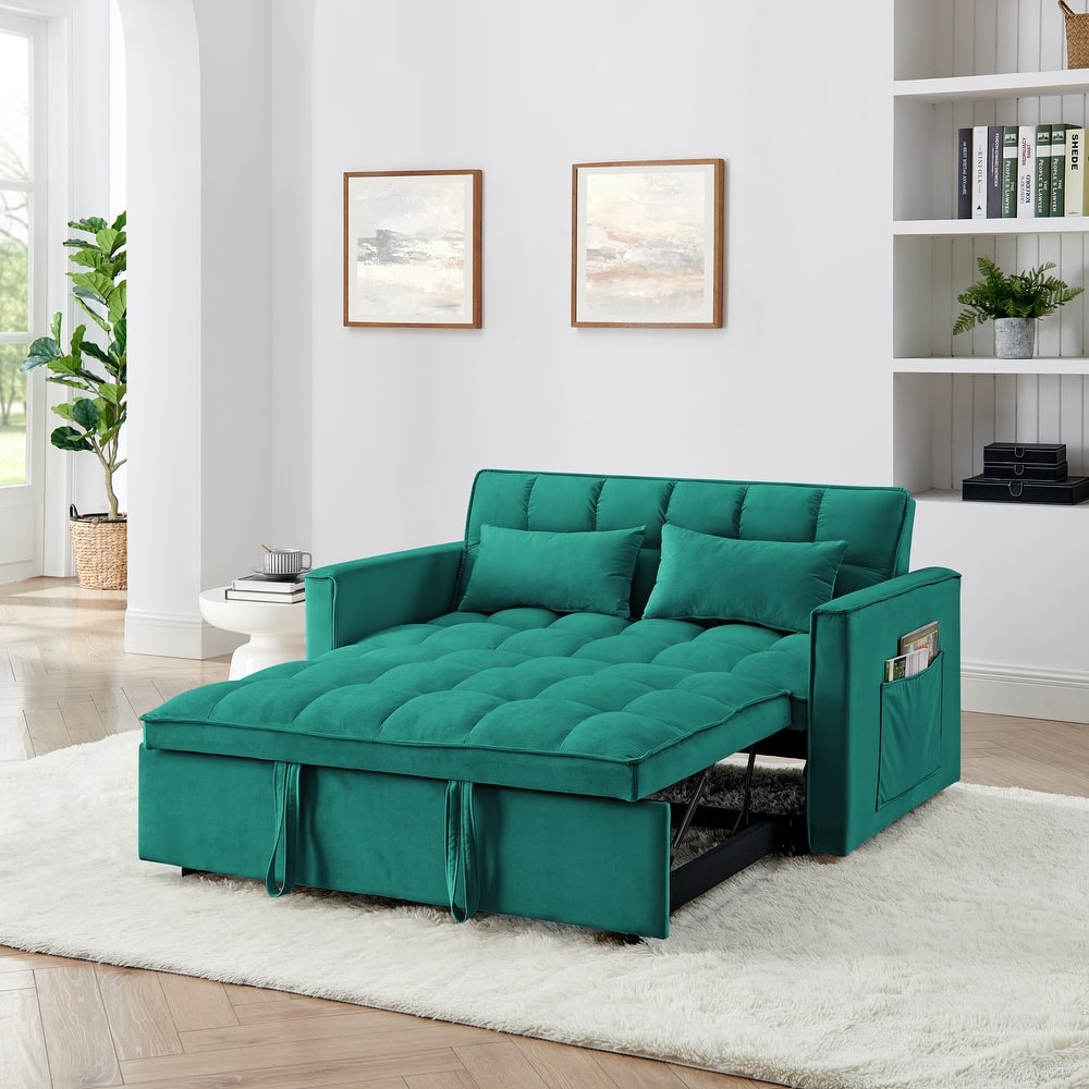 Velvet Foldable Sofa Bed, 3 In 1 Convertible Sofa Bed, Pull Out Couch Bed with Adjustable Backrest, Side Pockets & 2 Pillows