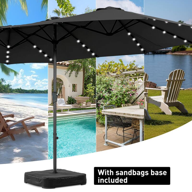 15ft Patio Umbrella Outdoor Market Umbrella with Base and LED Lights