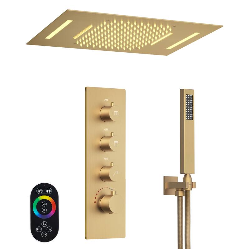 GRANDJOY Luxury Shower System 23"x15" Ceiling Mount 64 Colors Shower Head with Handheld Spray - Brushed Gold