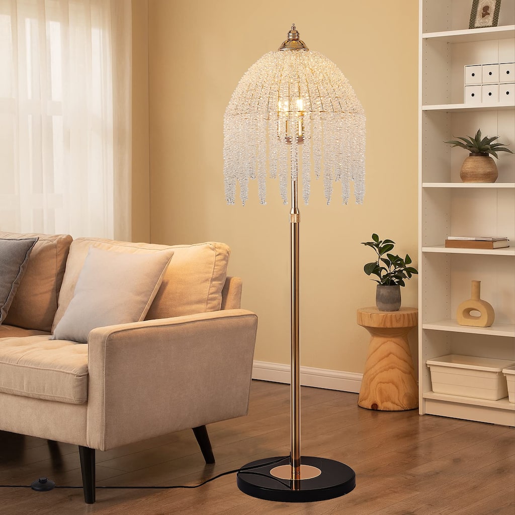 3-Light Crystal Floor Lamp - Vintage Waterfall - Marble Base - Living Bedroom