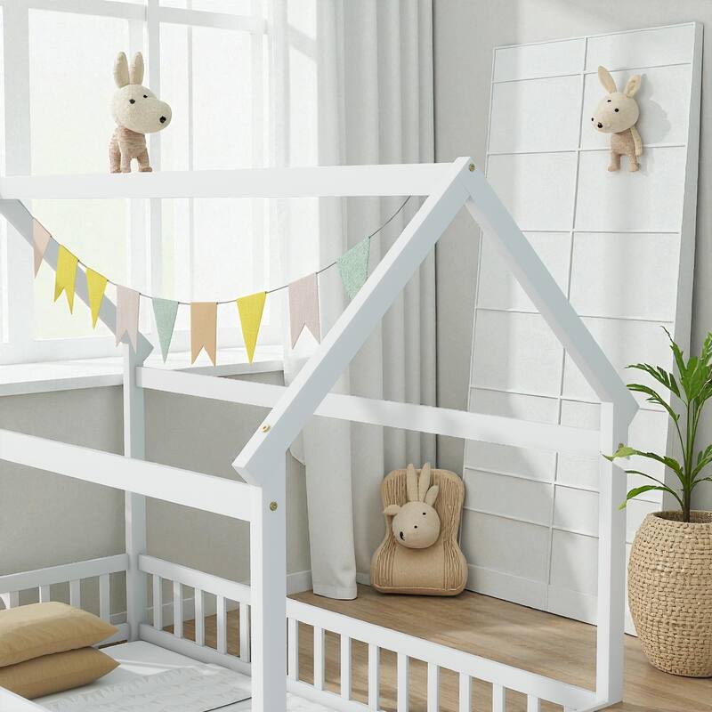 Twin Size Wooden House Floor Bed with Roof Frame and Safety Guardrails, Solid Rubber Wood Montessori Bed for Kids